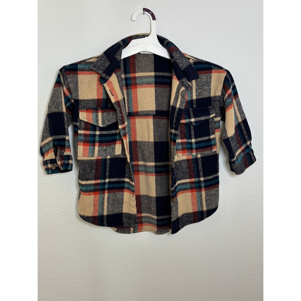 Lullabee Boys 5T Plaid Flannel Shirt Jacket Wool Blend Navy Orange Cream Check